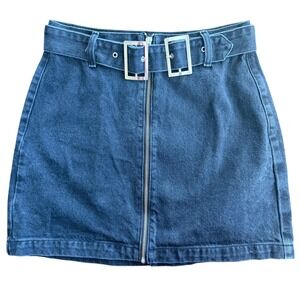 Topshop Moto Denim Mini Skirt Double Buckle Belted Front Zip Washed Black Size 6
